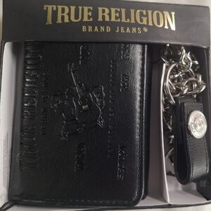 True Religion Black Leather Wallet Card Holder and Keychain.